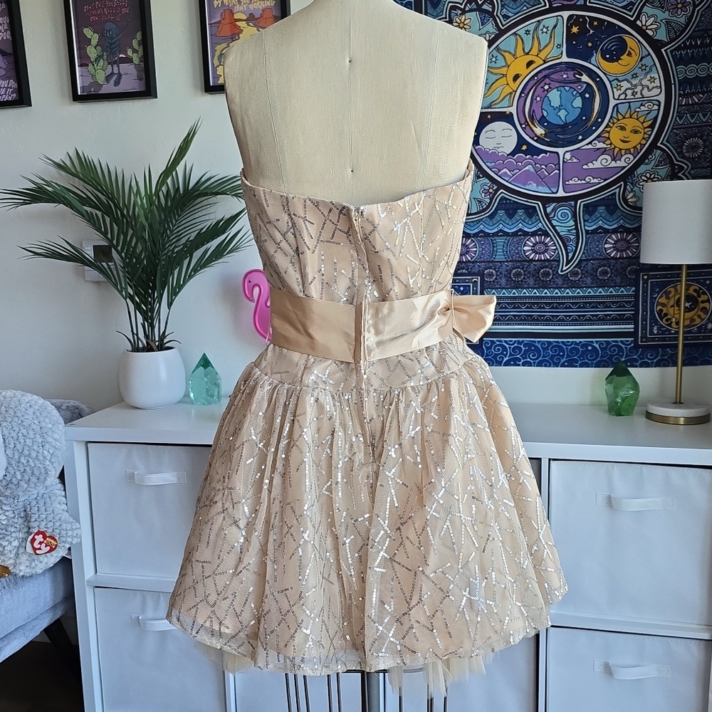 Vintage Jessica McClintock Champagne Sequin Belted Strapless Tulle Dress 9 Y2K - Picture 3 of 13